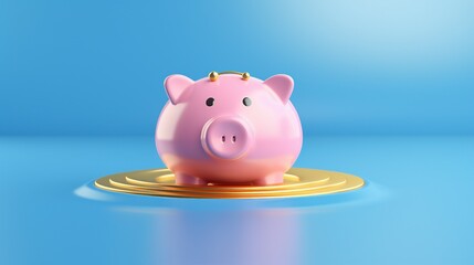 Golden 3D Coin Cascading into Pink Piggy Bank: Symbolizing Financial Success, Wealth Growth, and Prosperity in Business and Savings.