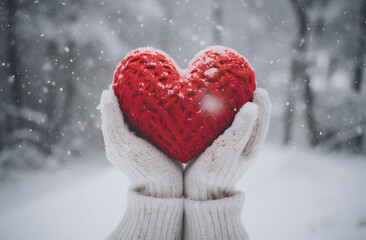 Fototapeta premium Hands with winter gloves hold a red heart. It's snowing. Valentine's Day moment.