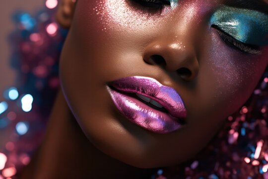 trendy glitter makeup on face of female model closeup. Beauty salon, make up artist, party concept. Cosmetics for lips. 