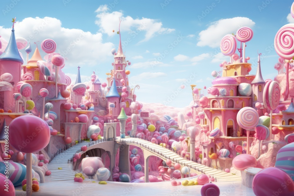 Wall mural gumdrop candy castle cartoon style illustration in pink light blue pastel color palette. Sweet tooth eating too much sugar. Caramel and candy production.