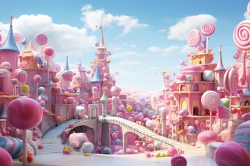 gumdrop candy castle cartoon style illustration in pink light blue pastel color palette. Sweet tooth eating too much sugar. Caramel and candy production. - obrazy, fototapety, plakaty