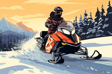 people riding on snowmobile in nature in winter. Extreme sports hobby and transport. - obrazy, fototapety, plakaty