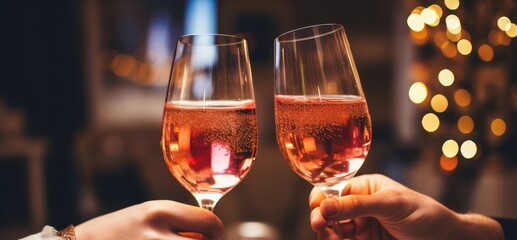 hands holding two glasses of rose sparkling wine to cheers to celebrate valentines day on romanic date. Christmas or new year party celebration at home.  - obrazy, fototapety, plakaty