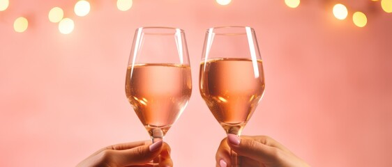 hands holding two glasses of rose sparkling wine to cheers to celebrate valentines day on romanic date. Christmas or new year party celebration pink horizontal banner with copy space.  - obrazy, fototapety, plakaty