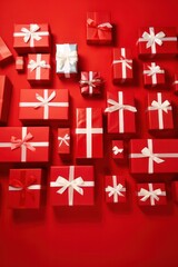 Obraz premium red gift boxes evenly arranged on red vertical background. Christmas gifts, Valentine's Day presents, corporate celebration, thoughtful gesture. 