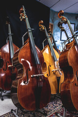 closeup of row of double basses resting against the wall