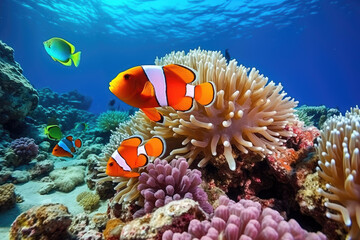 Fototapeta na wymiar Clown fish swimming on anemone underwater reef background, Colorful Coral reef landscape in the deep of ocean. Marine life concept, Underwater world scene.