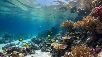 Naklejka na ściany i meble beautiful coral reef and fish, bottom sea life scenery