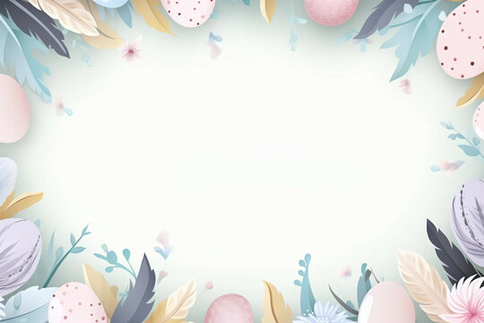 Illustration of Easter colored eggs, feathers and flowers on a light background. Easter banner with copy space in the middle.