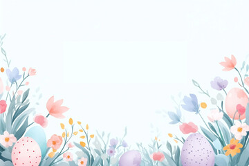 Illustration of Easter watercolor banner with copy space in the middle. Painted eggs and flowers on a blue background.