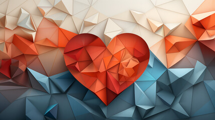 A red heart made out of paper on colourful background