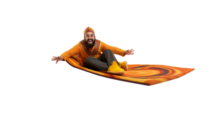 Closeup fun portrait of an Arab man with a beard sitting on a magic flying carpet, a thrilled, smiling or laughing person enjoying a great experience, funny fantasy trip, on transparent background
