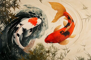 Drawing the symbol of the two energies of yin and yang in the form of a fish. - obrazy, fototapety, plakaty