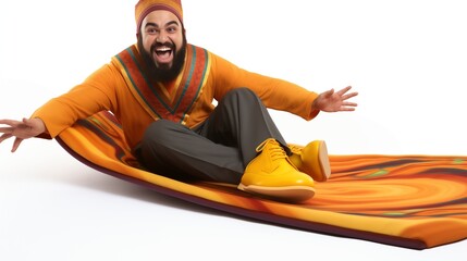 Close-up studio portrait of an Arab man with a beard sitting on a magic flying carpet, a thrilled, smiling or laughing person enjoying a great experience, having fun while taking off or landing - obrazy, fototapety, plakaty