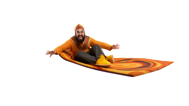 Closeup fun portrait of an Arab man with a beard sitting on a magic flying carpet, a thrilled, smiling or laughing person enjoying a great experience, funny fantasy trip, on transparent background