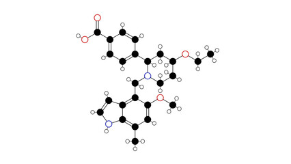 iptacopan molecule, structural chemical formula, ball-and-stick model, isolated image complement factor b inhibitor