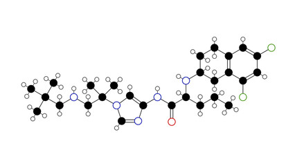 nirogacestat molecule, structural chemical formula, ball-and-stick model, isolated image ogsiveo