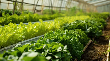 Foto op Plexiglas Young and fresh vegetable green color in white tray in hydroponic farm for health market.Fresh lettuce leaves, close up.,Butterhead Lettuce salad plant, hydroponic vegetable leaves. Organic food Image © Kowit