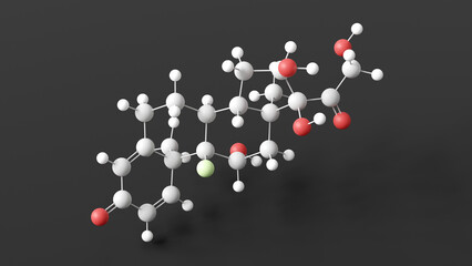 triamcinolone molecular structure, glucocorticoid, ball and stick 3d model, structural chemical formula with colored atoms