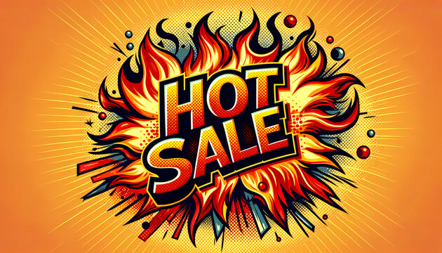  a vibrant and dynamic advertisement graphic with the words "HOT SALE" in bold, stylized lettering, engulfed in flames and explosive decorative elements, reminiscent of a vintage comic book style