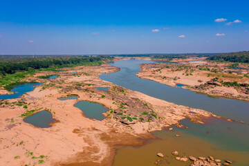 Aerial view of Grand Canyon in Thailand, Natural of rock canyon in Mekhong River, Hat Chom Dao or Chomdao Beach and Kaeng Hin Ngam in Ubon Ratchathani province, Thailand.