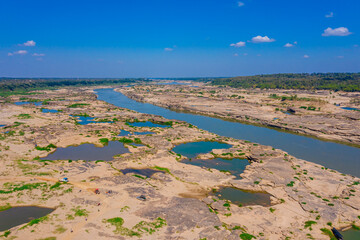 Aerial view of Grand Canyon in Thailand, Natural of rock canyon in Mekhong River, Hat Chom Dao or Chomdao Beach and Kaeng Hin Ngam in Ubon Ratchathani province, Thailand.