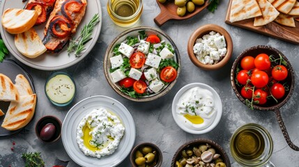 Greek food background. Meze, gyros, souvlaki, fish, pita, greek salad, tzatziki, assortment of...