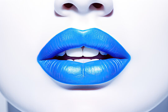 Close-up of woman’s mouth with blue lipstick