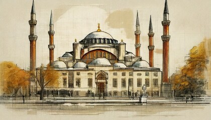 Fototapeta na wymiar Hagia Sophia mosque drawing sketch, Istanbul