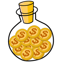 Gold coins in glass bottle, investing fund savings. vector illustration,  bank cash savingcoins concept