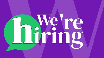 Banner on 'hi, we are hiring' for chat process on purple background 