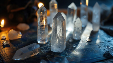 Still life arrangement of pristine, clear, translucent crystals on leather engraved table or book surface within an enchanting ambiance, depth of field. Warm and cool tones cinematic balance. 