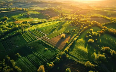 Aerial view of cultivated agricultural farming land, bathed in the vivid green hues of sunset.