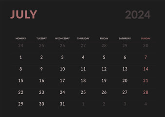 Monthly page Calendar Planner Templates of July 2024. Vector layout of simple calendar with week start Monday for print. Page for size A4 or 21x29.7 cm in dark color