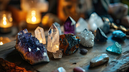 Small group of beautiful gemstone crystals in a magical environment with candles, cleansing and charging in the moonlight. Textured wooden table. Manifestation and protection ritual. 