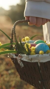 Vertical video. Painted Easter Eggs in a Basket with Flowers under Bright Sunbeams. Woman in White Carries Them Across a Forest Glade, Slow Motion.