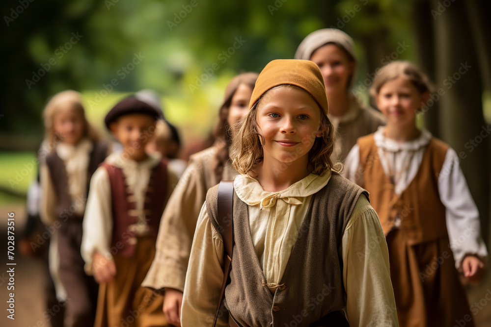 Poster A children's historical reenactment day offering interactive history lessons, where kids can dress in period costumes for an immersive and educational learning experience