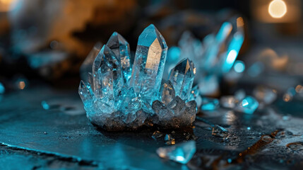 Cluster of translucent, clear quartz gemstone crystals in blue moonlight at night on a stone surface. Cleansing and protection ritual. Cool and warm tones, cinematic. 