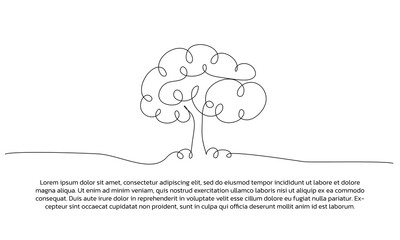 Continuous line design of simple tree. Single line decorative elements drawn on a white background.