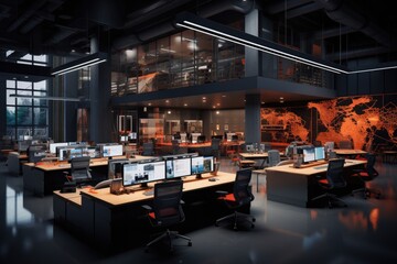 3d rendering of modern office interior. Workplace with computers, Control hub office, AI Generated