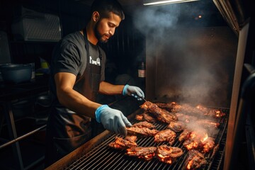 Chef preparing meat on the barbecue grill in a restaurant kitchen, Cook in his kitchen, smoke grills barbecue chicken tenders on the grill, AI Generated