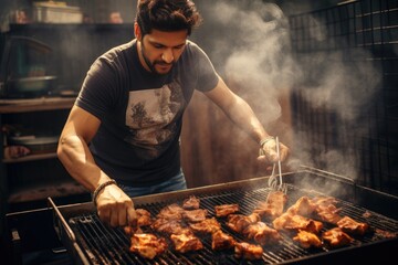 Young man cooking shish kebab on barbecue grill outdoors, Cook in his kitchen, smoke grills...