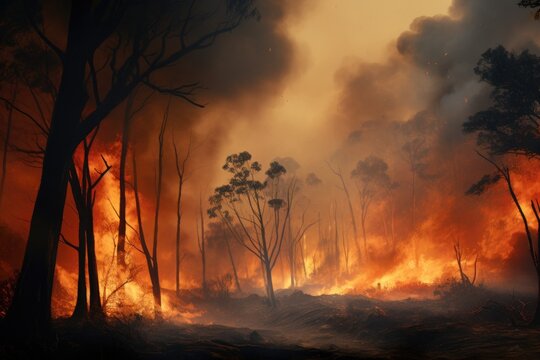 Forest fire in the forest at sunset. The fire is burning, Conceptual image of a burning forest, fire, and smoke in the evening, AI Generated