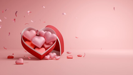 Heart shape of a gift box and floating confetti on pink background for valentine's day and wedding background. 3D rendering.