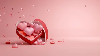 Foto op Canvas Heart shape of a gift box and floating confetti on pink background for valentine's day and wedding background. 3D rendering. © piyaset