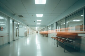 interior of a hospital corridor with a long corridor and a bench, AI Generated