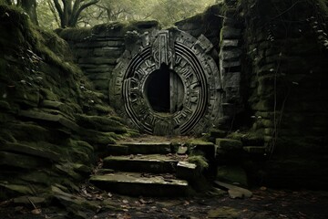 Ruins of an old abandoned mine in the forest. Halloween concept, AI Generated