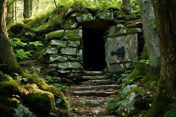 Old stone entrance in the forest with moss and ferns, AI Generated