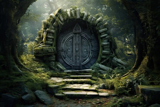 Wooden door in the forest. 3D render. Fantasy, AI Generated