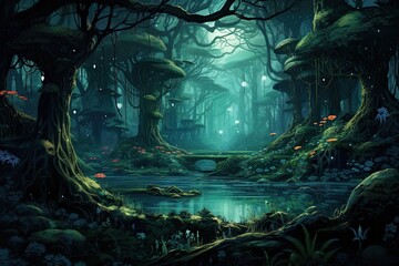 Fantasy landscape with fantasy forest and river. 3d illustration, AI Generated